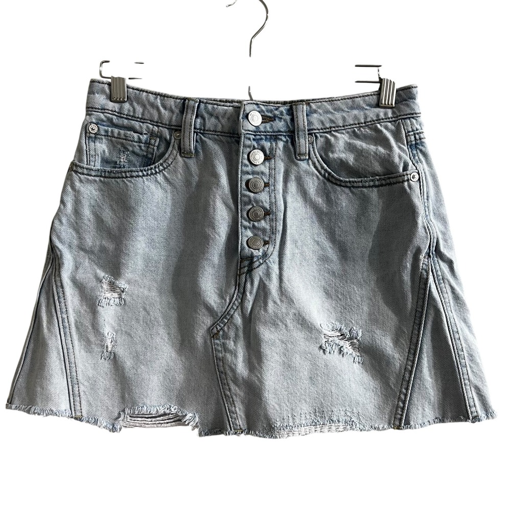 Free People We The Free Light Wash Distressed Denim Mini Skirt Button Fly 28
